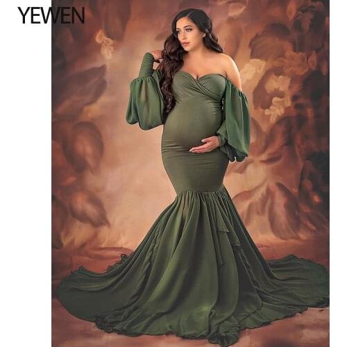 Elegant Woman Stretchy Fabric Maternity Dress Long Puffy Sleeves Maternity Gown for Baby Shower Photography Dresses YEWEN