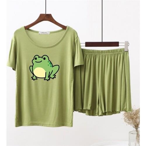 Kawaii Green Frog Cartoon Women Summer O-Neck Short Sleeve Pajmaas Set Leisure Soft Modal Cotton Homewear Plus Size Sleepwear