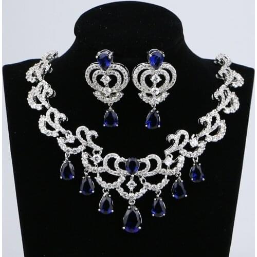 Water Drop Blue Cubic Zirconia White CZ 925 Silver Jewelry Set Christmas Gift For Women Wedding Necklace/Earrings
