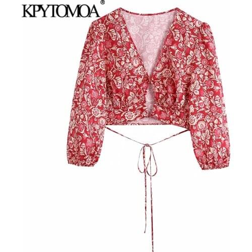 KPYTOMOA Women 2021 Fashion With Ties Floral Print Cropped Blouses Vintage V Neck Three Quarter Sleeve Female Shirts Chic Tops