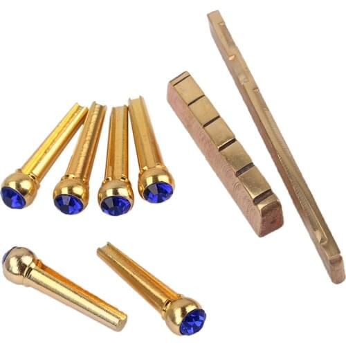 Brass Slotted Saddle Nut + Blue Opal Bridge Pins Set for Acoustic Folk Guitar Replacements