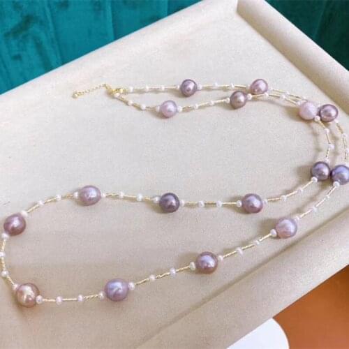 Best seller girl natural purple color real pearl handmade long sweater necklace women can customize length wedding gift trendy