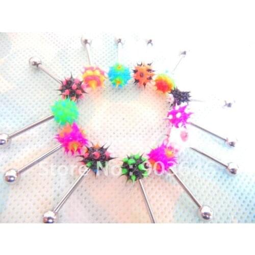Free shippment LOT 100 pcs Body Jewelry -Spike Koosh Ball Tongue Ring Bar Nipple Barbells 14G