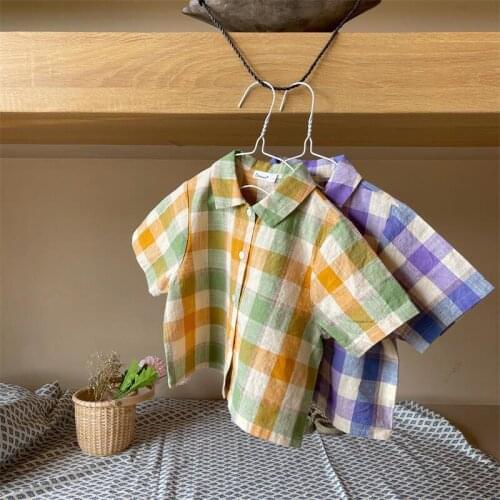 2021 Summer New Kids Shirt Plaid Candy Color Tops for Boys and Girls Turn-down Collar Tees Casual Children Clothes