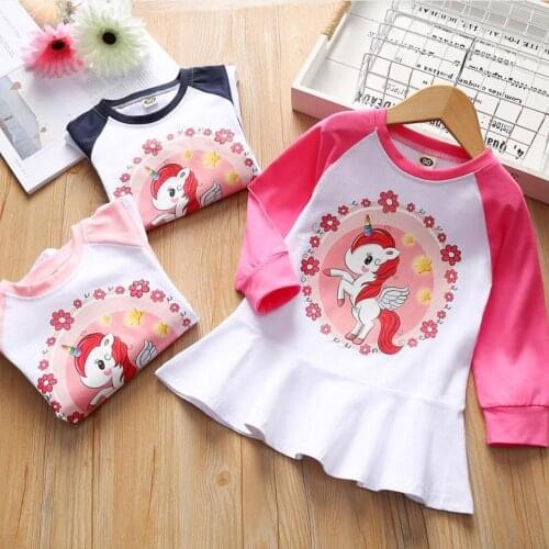 2021 Autumn Long sleeve Baby Girls Dress Toddler Cute Unicorn Clothing Kids Cartoon Casual Floral Cotton Children Dress 3-8 Yrs
