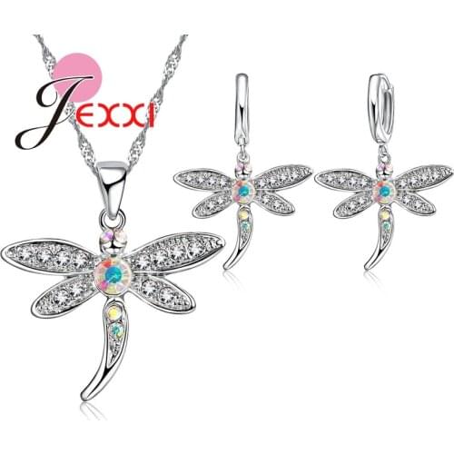 Hot Sale Fashion Dragonfly Necklaces & Pendants Earrings for Women 925 Sterling Silver Crystal Animal Jewelry Sets