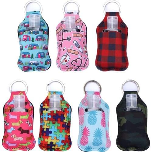 7set Empty Travel Size Bottle Bowl Keychain Neoprene Sanitizer Holder Bags With 30 Ml Flip Cap Refillable Bottles For Liquids