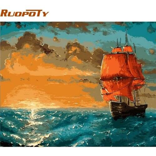 RUOPOTY Calligraphy Painting Boat Sailing DIY Painting By Numbers Modern Home Wall Art Hand Painted Oil Painting For Home Decor