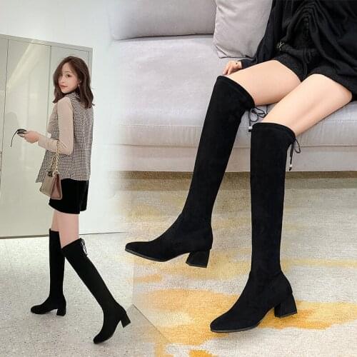 Autumn Winter Over The Knee Boots Women Stretch Fabric Thigh High Boots Sexy Woman Shoes Long Bota Feminina Black Suede Shoe