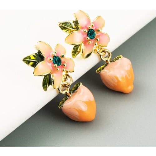 Sweet Enamel Fruit Peach Drop Earrings for Women Girl Gold Color Metal Shiny Rhinestone Flower Dangle Earrings Party Jewelry