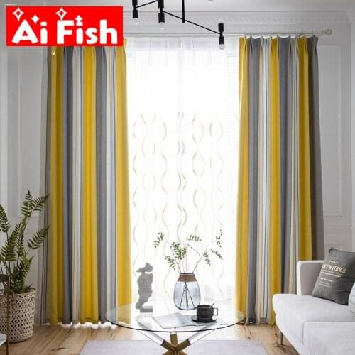 Modern Yellow-gray Weave Striped Window Blackout Bedroom Curtains Sheer Tulle Screen Curtains For Living Room Drapes ZH029-4