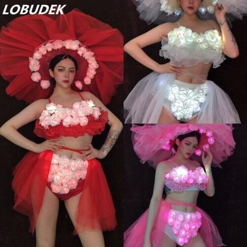 LED Luminous Dance Clothes Valentines Day Party Show Dance Team Stage Outfit White/Red/Pink Rose Flowers Bikini Big Hat Costume