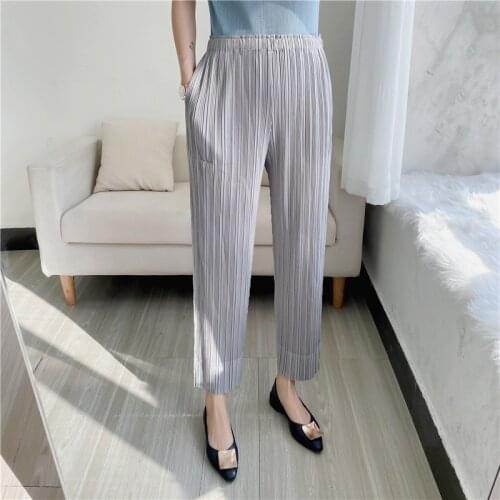 Slim Split Fork Casual Pleated Carrot Pants For Women High Waist Cropped Trousers Summer Miyak Female Solid Color Harem Pants