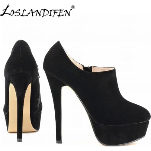 LOSLANDIFEN Flock Ultra High Heels Platform Pumps Black Sexy Stiletto Shoes Round Toe Spring Autumn Womens Boots 817-3VE