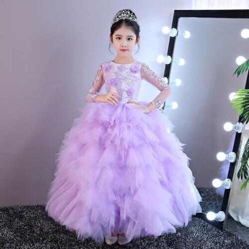 Violet Tulle Girl Dress Flower Girl Dress For Wedding Party Appliques Kids Princess Birthday Prom Dress First communion Gown
