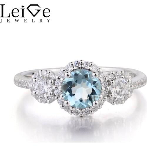 Leige Jewelry Promise Ring Round Cut Natural Aquamarine Ring Blue Gemstone 925 Sterling Silver Ring March Birthstone for Women