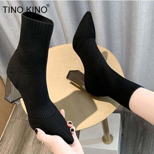 Women Socks Ankle Boots KinttingLadies High Heels Ladies Winter Stretch Fabric Pointed Toe Shoes Fashion 2020 New Footwear