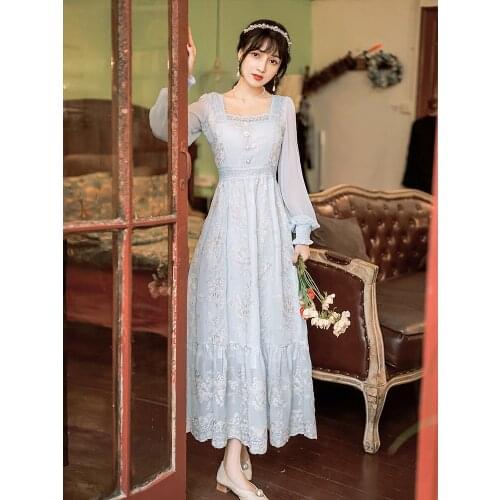 2021 New Summer Vintage Flower Gold Embroidered Lace Womens Dress Square Collar Long Sleeve Sweet Girl Elegant Dresses