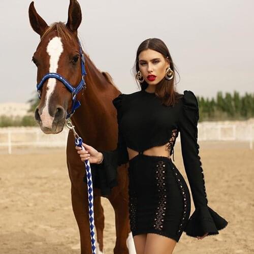 Women Sexy Long Sleeve Hollow Out Black White Mini Bandage Elegant Celebrity Evening Runway Party Dress