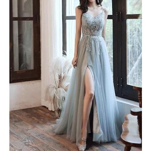 Blue Celebrity Dresses A-line Split Fork Beading Spaghetti Strap Tulle Sexy Red Carpet Floral Print Party Evening Gowns Elegant