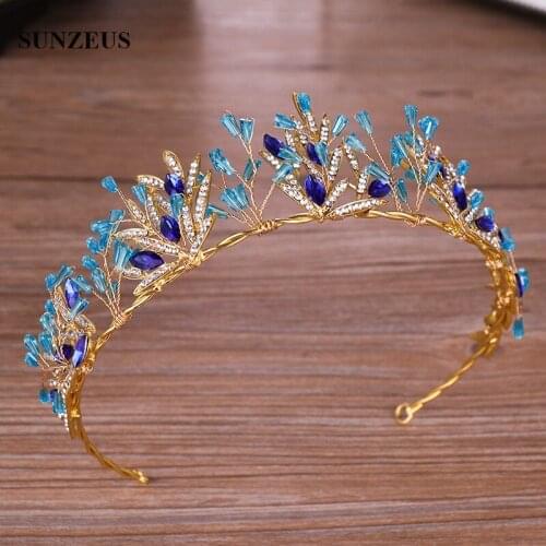 Gold Bridal Tiaras With Blue Beads 2019 New Style Princess Birthday Party Headwear Wedding Crowns Marriage Accessory SQ0327