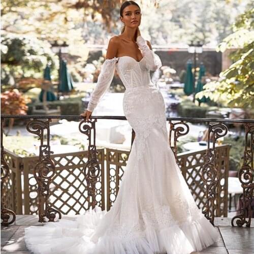 2021 Mermaid Wedding Dresses Lace Appliqued Ruffles Custom Made Long Sleeves Bridal Gowns Country Style Robe De Soirée