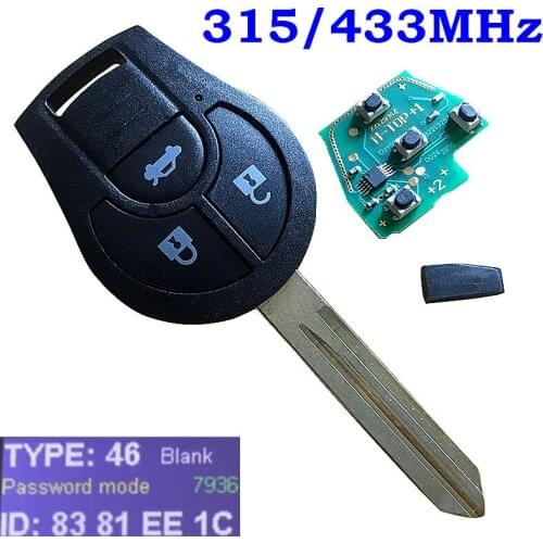 3 Buttons Car Remote Head Key Fob For NISSAN FCC ID CWTWB1U761 March Qashqai Sunny Sylphy Tiida X-Trail 315/433MHz ID46 Chip
