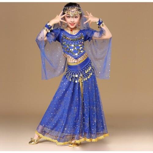 2018 Children Dancewear Belly Dance Clothing Indian Dance Bollywood Costume for Kids 4pcs (Top Belt Skirt Veil Headpiece)
