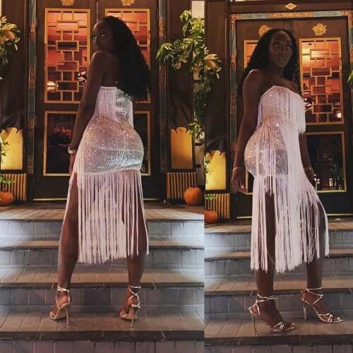 BKLD Women New Sequined Shiny Dress Tassels Sleeveless Spaghetti Strap Dress Women Summer Sexy Bodycon Party Nightclub Dress