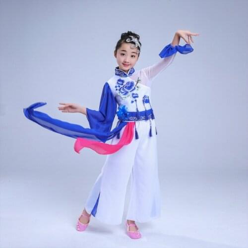 Childrens costumes hanfu Dance wear Blue and white porcelain Yangge National Dance Costumes Waist clothing Stage performances