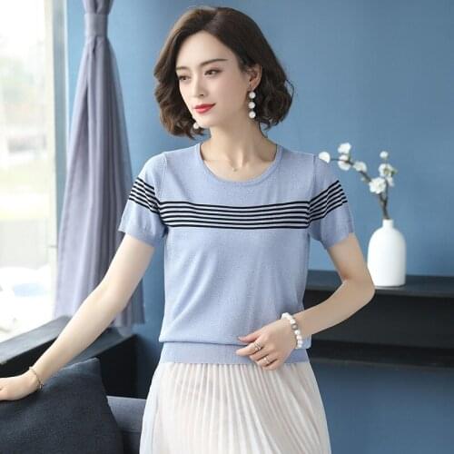 T-shirt Womens Korean Loose Stripes Short Sleeve Tees Top Summer New All-match Ice Hemp Round Collar Bottoming T-shirts H9292