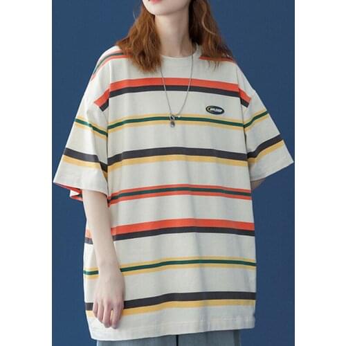 Korea High Street Blue Striped T-Shirt Unisex Couple Short Sleeve Cotton Oversized Harajuku Japanese Striped Clothes Womens Top