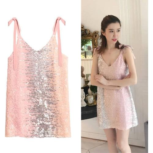 Summer Sexy Deep V Neck Sequin Pink Backless Dress Women Spaghetti Strap Evening Party Dress Short Camisole Vestidos