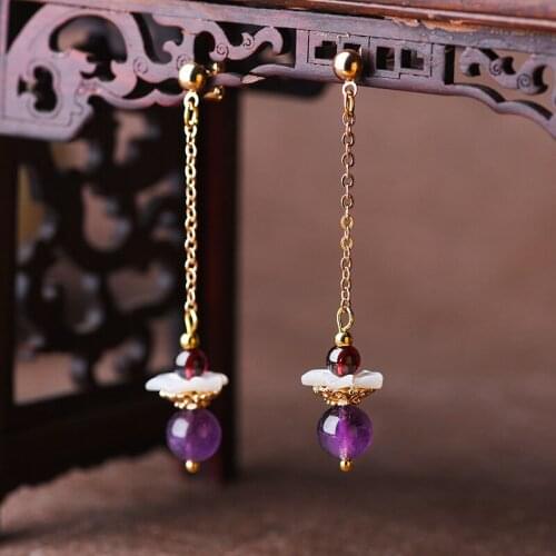 Fashion shell flower purple crystal earrings long dangle earrings vintage spring and summer for women girl