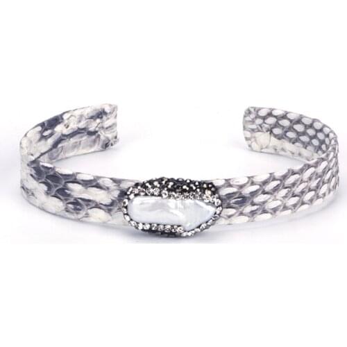 Natural Freshwater Big Pearl Bead Rhinestone Charm Real Leather Wrap Adjustable Open Bracelet Cuff Bangle Women Man Jewelry 2020