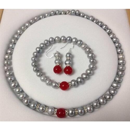 New 8-9mm Gray Akoya Cultured Pearl Red Jade Bracelet Necklace Earrings Set