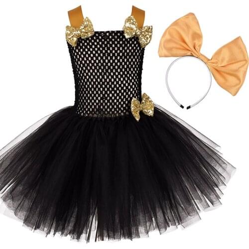 Girls Black Squins Tutu Dress with Gold Gilter Bow Children Sling Halloween Birthday Party Dress Princess Surprise with Headband