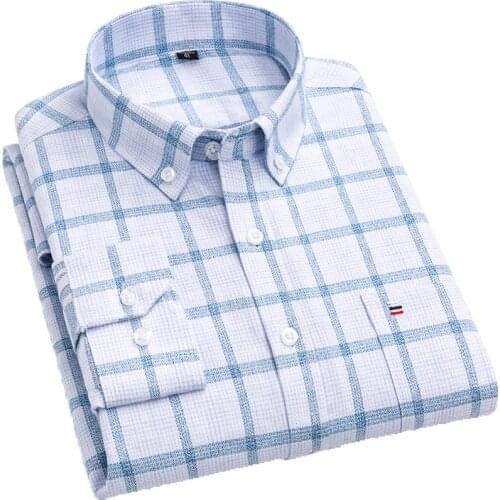 AOLIWEN men 100% cotton white blue plaid soft long sleeve shirt spring autumn casual skin friendly sweat absorbent slim shirts
