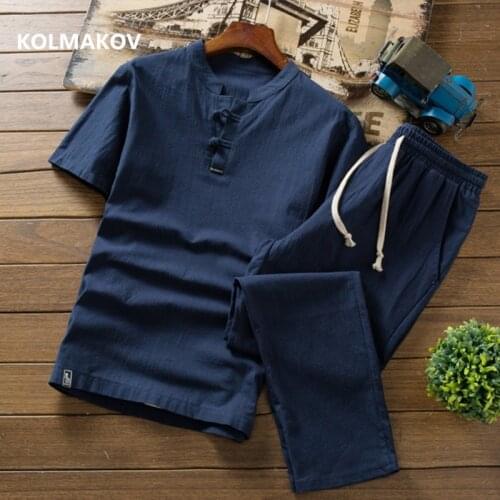Shirt + trousers) summer Chinese Style men shirt Cotton and linen shirts mens High quality casual shirts Two Piece M-5XL