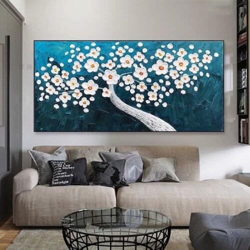 Hand Painted Knife White Flowers Oil Painting Modern Thick Oil Rich Landscape Paintings For Room Decor Canvas Pictures No Frame