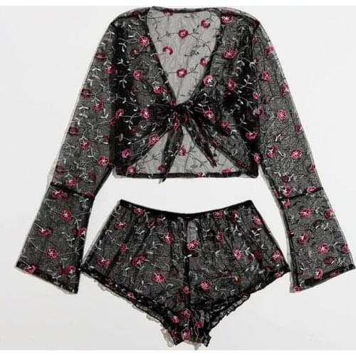 Sexy Lingerie Sexy underwear sexy fashion transparent flower embroidery mesh stitching long-sleeved sexy suit women Sexy pajamas