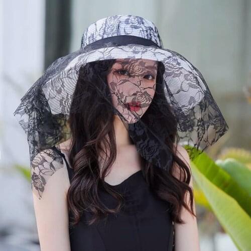 New Wide Brim Black Lace Mesh Straw Hat Beach Hats For Women Fashion Ladies Summer New 2021 UV Protection Hepburn Sunhat Bonnets