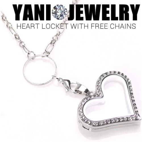 10pcs/lot L12 P20 Floating Heart Locket Pendant Necklace Jewelry Rhinestone Magent Glass Living Memory Heart Locket Free Chains