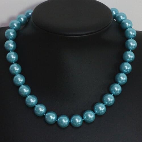 High grade sky blue south sea shell faux pearl round bead 8,10,12,14mm romantic charms women clothes chain necklace 18inch B1445