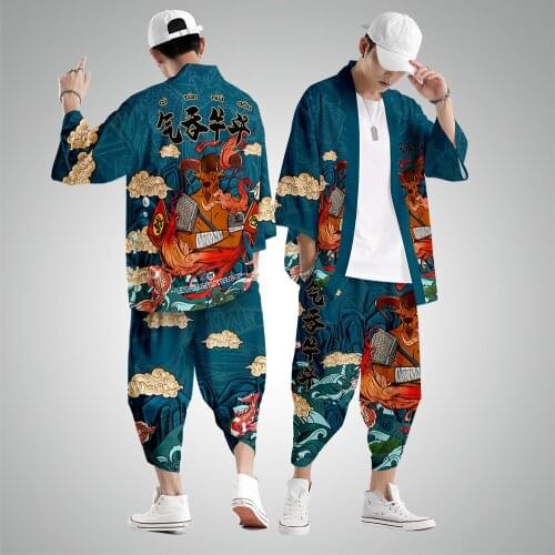 Yukata Men Summer Kimonos Pant Beach Suit Haori Asian Chinese Style Clothes Shirt Kimono Cardigan Fashion Casual Set