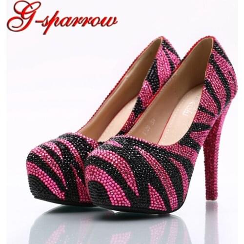 Fushcia Color with Black Rhinestone Women High Heels Thin Heel Wedding Party Shoes Bridesmaid Dancing Shoes Bride Pumps Size 45