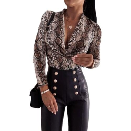 Women Romper Fall Top Leopard/Snakeskin Printed Elastic Party deep V-shape collar Long Sleeve Causal Pleated Clothes jumpsuit