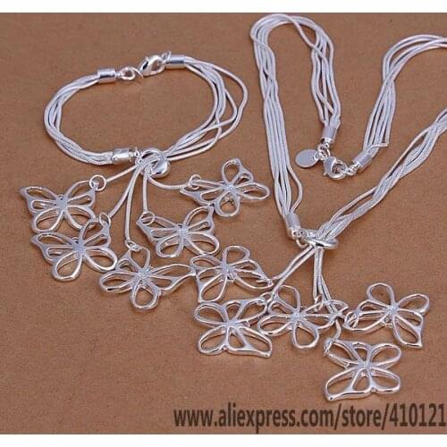 S334 Hot Sale Silver Color Fine Jewelry Sets For Women Fashion Jewelry Charms Fashion Five Butterfly Earring Bracelet Necklace