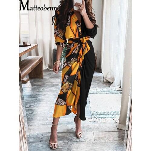 Summer 2021 New Style Ladies Long-Sleeve V-Neck Button Fashion Casual Splice Irregular Casual With Sashes Printing Dress Women