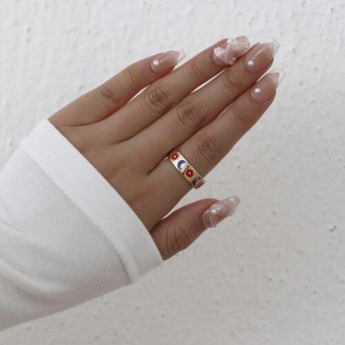 Vintage Red Blue Enamel Moon and Sun Chunky Rings for Women Gold Color Metal Wide Finger Ring Statement Minimalist Accessories